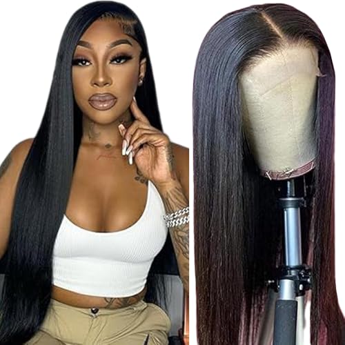 Gsoroel 4x1 Lace Front Human Hair Wig Straight Glueless Wig Swiss Lace 1B Natural Black Color Brazilian Virgin Cabello Humano Pre Plucked With Baby Hair For Women 18 Inch