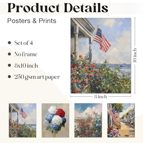 Image of WEFKODO Vintage Patriotic Decor Wall Art Prints 4Pcs, Retro Hydrangea Floral America Flag Pictures Wall Decor, Patriotic 4th of July Decorations for Home Bathroom Bedroom Set of 4, 8x10 Inch Unframed