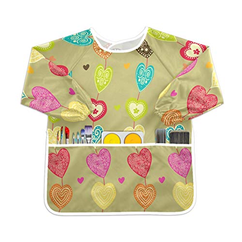 かわいいハート幼児用キッズスモック子供用防水エプロンアートペインティングスモックよだれかけ3ポケット付き