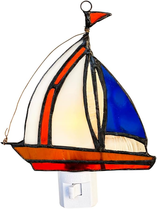 Tiffany Stained Glass Sailing Boat Night Light WKD1005 (Blue),Sailing Night Light, Tiffany Glass