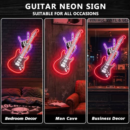 Image of PSPCBS Rock Hand Guitar Neon Sign, Electric Guitar LED Neon Light, USB Powered Dimmable Rock Music Wall Decor for Music Studio, Man Cave, Home Bar, Band Room, Gifts for Guitar Players