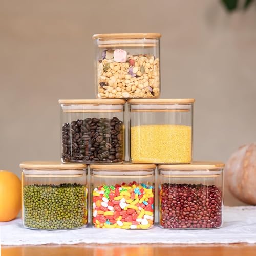 Image of MARTVIA Glass Food Storage Jars with Bamboo Lids 750ml Set of 6, Wide Mouth Lid Jar for Home Kitchen,Flour, Sugar, Coffee, Pasta, Oats, Grains, Cookies, Snacks (Sqaure 750 ML, SET OF 6)