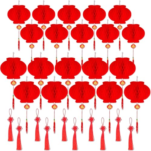 20 Pièces de Lanternes Chinoises, Lanternes Papier Rouge 2 Tailles avec Noeuds Chinois, Lantern...
