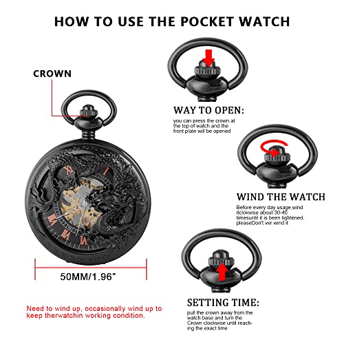 Image of Men's Mechanical Hollow Design Hand Wind Pocket Watch Roman Numerals Steampunk with Chain Box