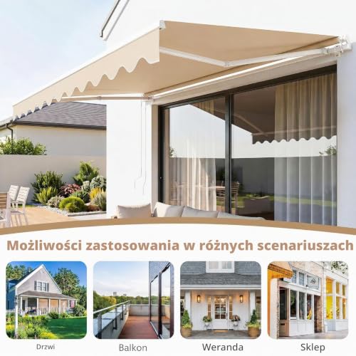 COSTWAY Markiza z korbą, markiza z ramieniem przegubowym, ochrona przed słońcem, markiza balkonowa, markiza przeciwsłoneczna, regulowany kąt 5-35°, markiza tarasowa, markiza zaciskowa na balkon i