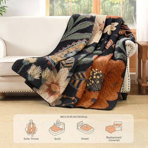 Image of Andency Floral Boho Queen Quilt Bedding Set Brown Black, 3 Pieces Farmhouse Flower Botanical Summer Bedspreads with 2 Shams, Soft Reversible Lightweight Polyester Coverlet Set for All Season, 90 inchx96 inch