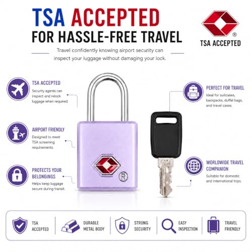 Image of QUIRA TSA Approved Travel Padlock with Key, Luggage Lock for Suitcase, Backpack, Locker & Travel Bags, Heavy Duty Security Lock (Purple)