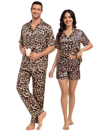 SWOMOG Satin Couples Pajamas Sets Women & Men Silk Short Sleeve Sleepwear Button Down Nightwear 2 Pcs Loungewear(Men, Leopard, Large)