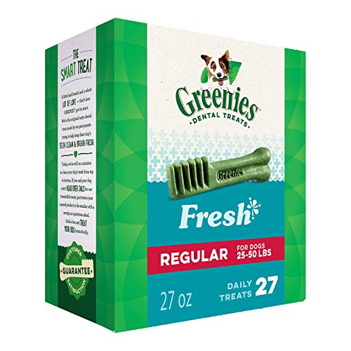 GREENIES Regular Natural Dog Dental Care Chews Oral Health Dog Treats Fresh Flavor, 27 oz. Pack (27 Treats)