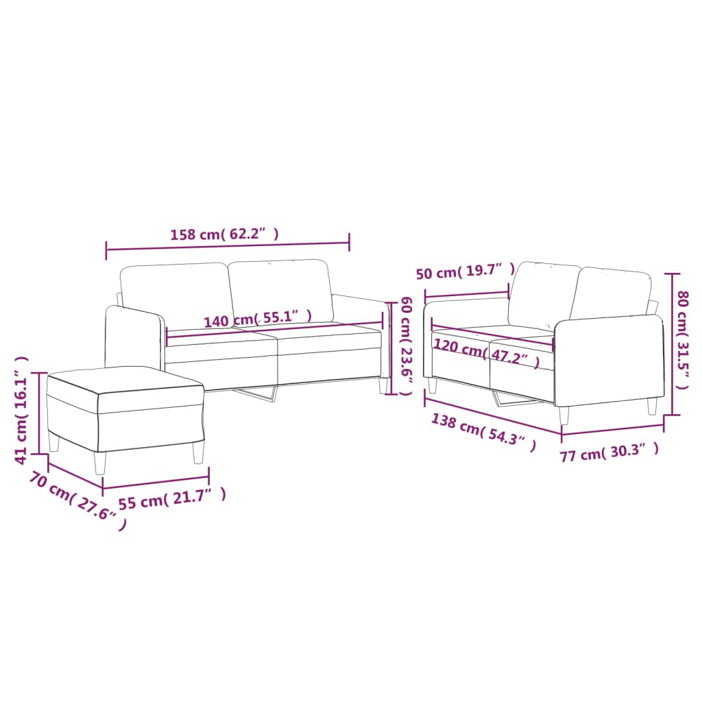 3-częściowy zestaw sof, brązowy materiał, 2 x dwuosobowa sofa 138 x 77 x 80 cm, 158 x 77 x 80 cm, podnóżek 70 x 55 x 41 cm i 4 poduszkami do salonu, lounge, pokoju gościnnego, z wygodną