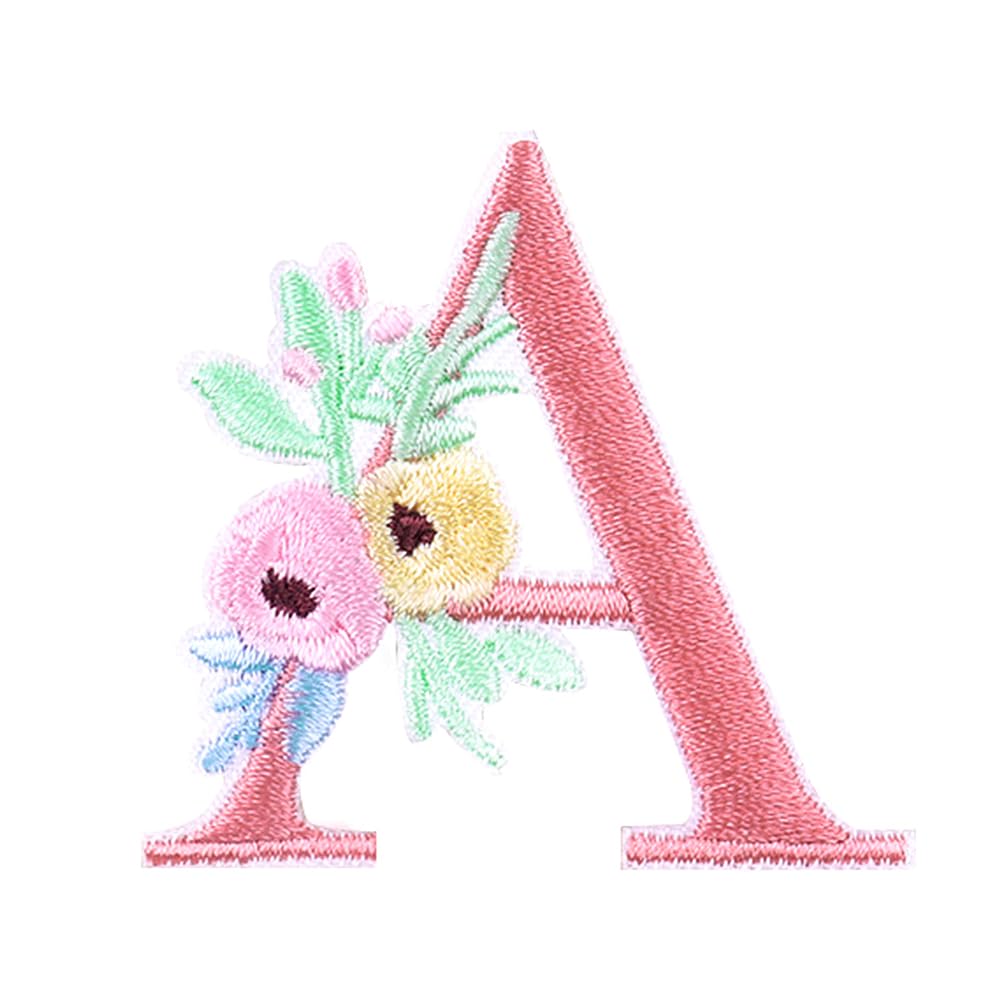 Locomo Individual Floral Letter Iron On Patch Alphabet Sew On Patch Embroidered Flower Elegant Capital A-Z Name Badge for DIY Jacket Coat Backpack Decoration