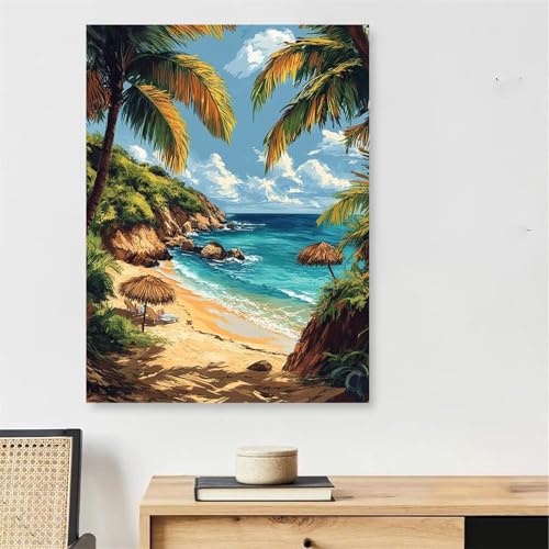 Peinture par numéro adulte plage avec cadre en bois 20x30cm - Kit complet DIY de coloriage sur toile
