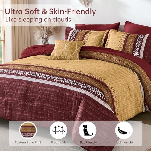Image of Dintszyayue Burgundy King Comforter Size Set, 8 Pieces Boho Striped Texture Bed in a Bag Sets, Lightweight Soft Bohemian Comforter and Sheet Set, All Season Microfiber Bedding Sets for Men Women