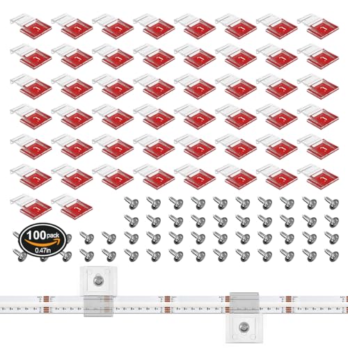 BTF-LIGTHING Transparent Strip Light Clips,Self Adhesive with Screws Mounting Holder, 100Pcs LED Strong Fixing Clips and Screws for 12mm Width IP30/65 SMD FCOB Strip Lights, Fairy String Lights
