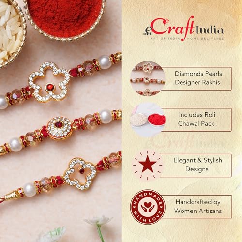 Image of eCraftIndia Set of 3 White & Red Diamonds Pearls Designer Rakhis, Best Bro Ever Fridge Magnet with Roli Chawal Pack - Rakhis for Brother, Bhabhi, Kids