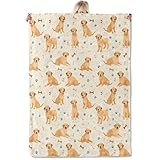 ICAAV Golden Retriever Puppy Flannel Blanket 50x60in,Cute Yellow Lab Dogs with Paw Prints and Bones on Cream,Soft Lightweight Throw for Kids,Girls,Dog Lovers,Pet Decor Gifts Blankets