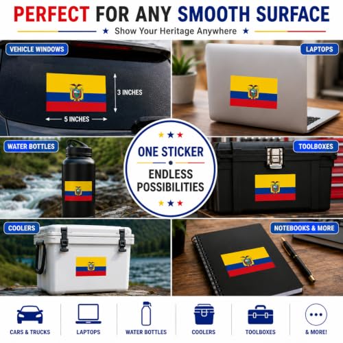 Image of Ecuador Vinyl Flag Stickers, Car Decals, Waterproof Indoor Outdoor, Laptop Stickers, Car Bumper, Ecuadorian Flag, 5 x 3 Inches, Set of 3