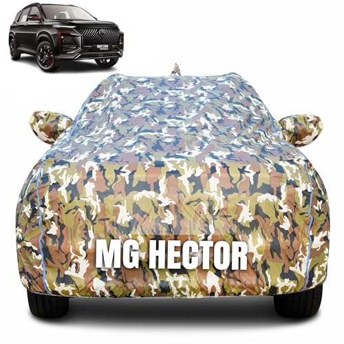 Image of 100% Waterproof Car Body Cover for Mg Hector (2019-2025) with Mirror Pocket (Heat & UV Resistant, Triple Stitched, Soft Lining, Bottom Elastic & Piping) Camouflage, Military Print