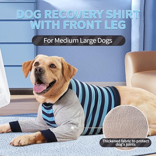 Image of FUAMEY Dog Recovery Sleeve with Elbow Protector,Dogs Shirt Stop Licking Joints,Pet Long Sleeve Suit Protecting Dog's Front Leg Arm Wounds Cover Skin Conditions Blue Stripe L