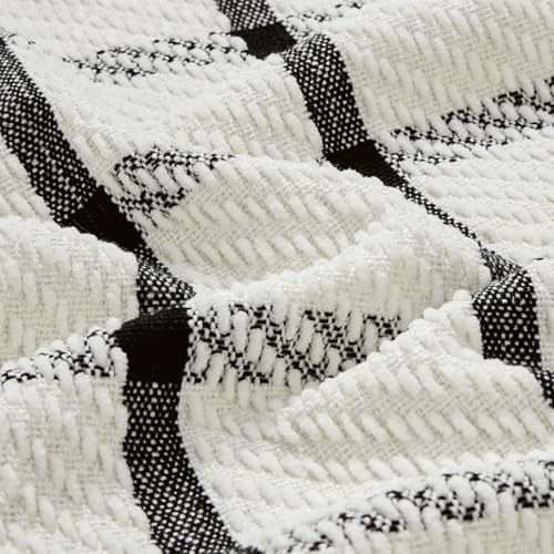 Image of CREVENT 50 inchX60 inch Farmhouse Breathable Soft and Warm Chenille Plaid Throw Blanket for Sofa Couch Bed, Home Decoration Throw with Tassles (Black & White)