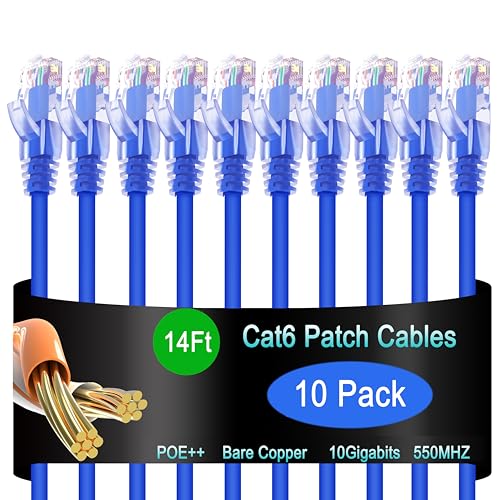 Lysymixs Cat6 Ethernet Patch Cable 14 ft (10 Pack), Cat6 for Data Centers & Home Networking - 10G Blue