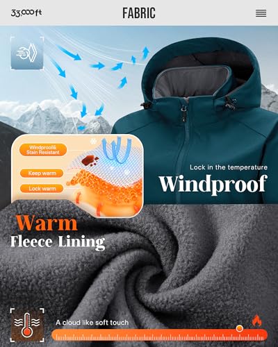 33,000ft Damen Softshelljacke mit Abnehmbarer Kapuze Wasserdichte Atmungsaktiv Fleece Gefütterte Winterjacke Winddichte Übergangsjacke Funktionsjacke zum Radfahren, Wandern, Petrolblau L