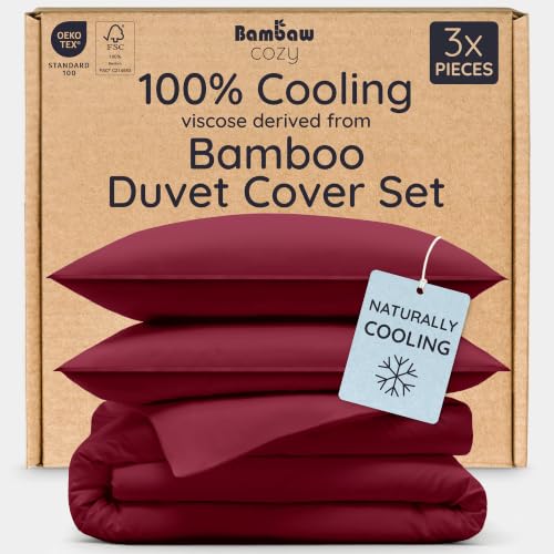 Image of Bambaw 100% Viscose Derived from Bamboo Duvet Cover King Size - 3 Piece Cooling Duvet Cover Set, Super Soft Duvet Cover King Size, Breathable Duvet Cover King, Soft Bedding, No Comforter (Burgundy)