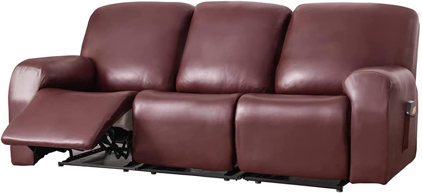 Recliner Sofa Cover 2/3 Seater Waterproof Leather PU Sofa Cover Slipcover with Side Pocket Massage Armchair Cover Furniture Protector (Wine Red,3 Seater)