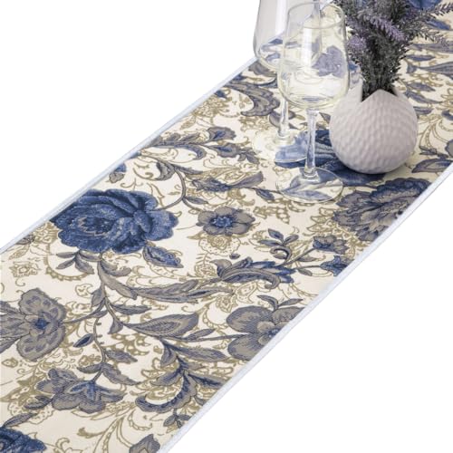 Chemin de table en coton fleurs lavable blanc bleu protège table dîner et mariage