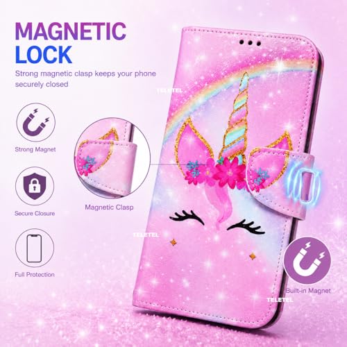 Image of TELETEL Unicorn Magnetic Closure Flip Shock Proof Back Cover with Cards & Cash Pockets | Wallet Case - Pink for Vivo V50 5G