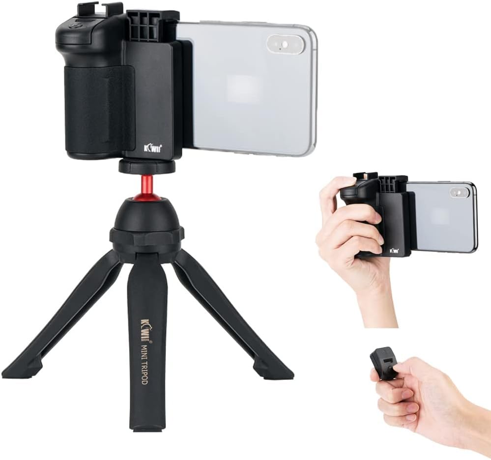 Cell Phone Tripod Mount Camera Grip with Detachable Bluetooth Shutter Remote Control + Vlog Mini Tabletop Tripod with Handgrip for Compact Mirrorless DSLR Camera Selfie Stick