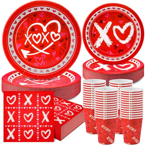 EPHYO 200Pcs Valentines Day Plates and Napkins Cups Serve50, Valentines Decorations Red Heart XO Disposable Plates for Dinner Dessert Cocktail Napkins Beverage Cups Dinnerware Set Party Supplies