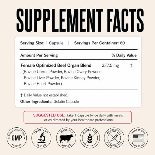 Image of PRIMAL FURY Grass Fed Beef Organ Supplement for Women - Female Optimization Pills to Boost Energy & Balance Hormones - Ancestral Support for Modern Life, Made in USA, 60 Capsules
