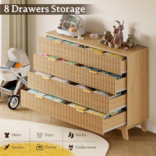 Image of BORNOON Fluted 8 Drawer Tall Dresser, 47.2 inch Wide Modern Boho Chest of Drawers, Wooden Storage Dresser TV Stand for Bedroom, Living Room, Closet, Hallway, Curved Profile Design