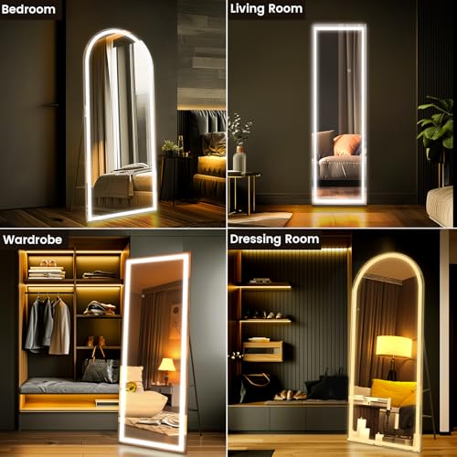 Image of pertetey 57X18 Inch LED Full Length Floor Mirror with Lights, Black Frame Lighted Dimmable & 3 Color Modes Full Body Dressing Standing Wall Mounted for Living Room, Bedroom