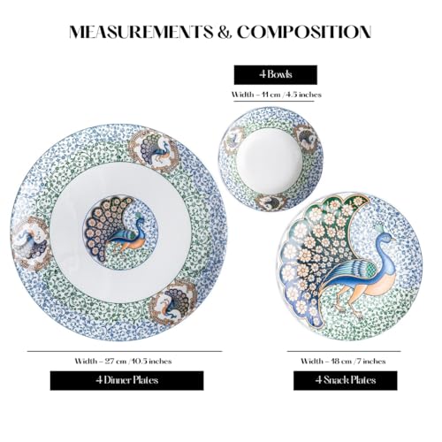 Image of GOLDEN QUEEN'S Handcrafted 12 Pieces Dinner Set | 4 Dinner Plates, 4 Small Bowls & 4 Snack Plates | Perfect for Hosting Guests and Daily Meals - Indian Peafowl