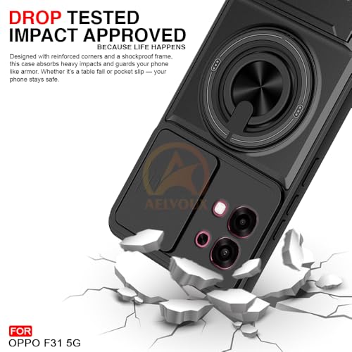 Image of Oppo F31 5G Back Cover | Armor Camera Slider 360 Degree Rotating Finger Ring Holder Case with Bracket Stand Back Case Cover (Compatible with MagSafe Accessories) (Black)