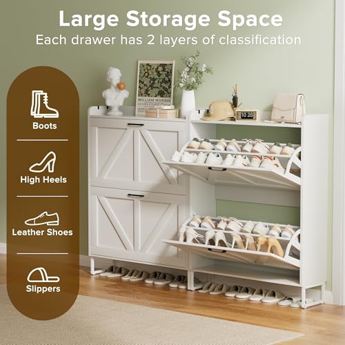 Urban Deco Shoe Storage Cabinet for Entryway, 2 Flip Drawers Shoe Organizer, Elegant 2-Tier Freestanding Shoe Cabinet with Anti-Tipping Design (White) - image 3