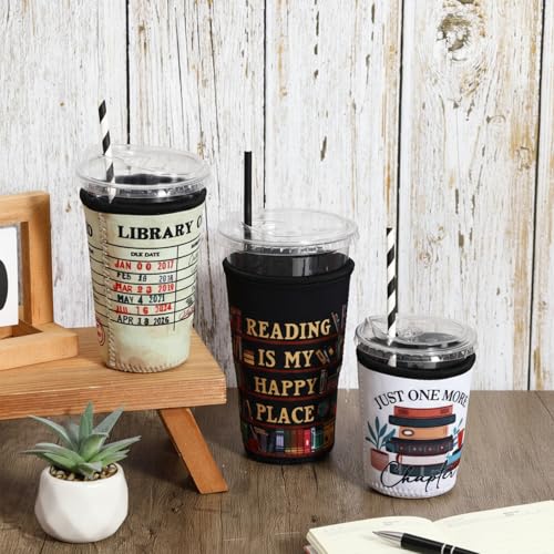 Image of LemonRoad 3 Pack Christmas Book Lovers Party Favors Reusable Book Lovers Beer Can Cooler Sleeves for Coffee Cup Neoprene Coffee Sleeve Insulated Neoprene Cup Holder for Cold Beverages Iced Hot Drinks