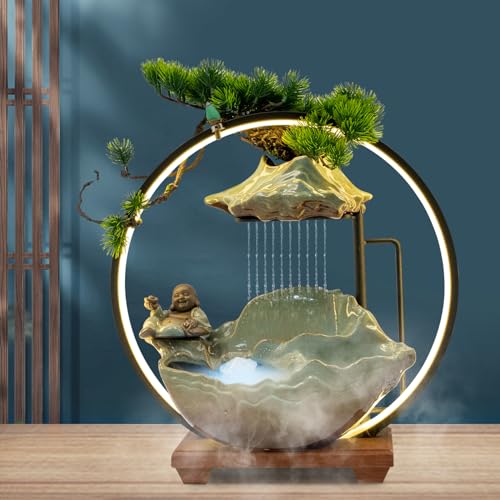 AGULIUM Laughing Buddha Statue Tabletop Water Fountain with LED Light Mist, Indoor Water Fountains Zen Decor for Wealth Good Luck Meditation, Desktop Waterfall Feng Shui Decor for Home Office