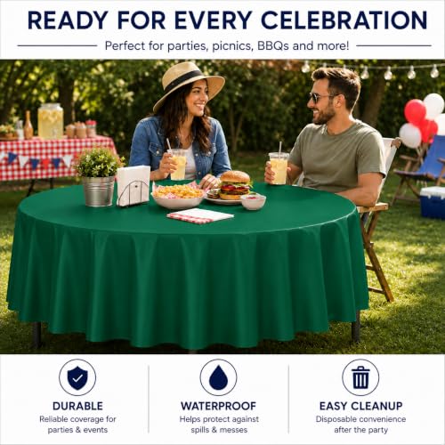 Image of Party Dimensions Green Disposable Plastic Tablecloth for Round Tables (12 Pack) Table Cloths for Parties, Events & Weddings, Indoors & Outdoors, 84 inches, Plastic Table Cover | Disposable Waterproof Table Cover for Birthdays, Weddings, Graduations, Picnics & BBQs, Indoor /Outdoor, Fits Tables up to 72 inch