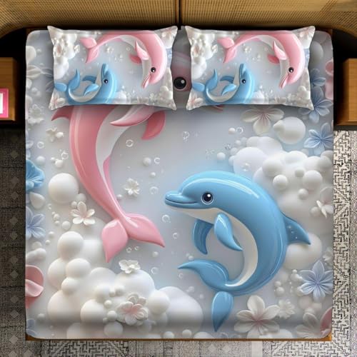 Image of Dream Living Real Look 7D Design Queen Size Bedsheet (228x254 Inch) with 2 Pillow Covers (19x29 Inch) Fish Pair