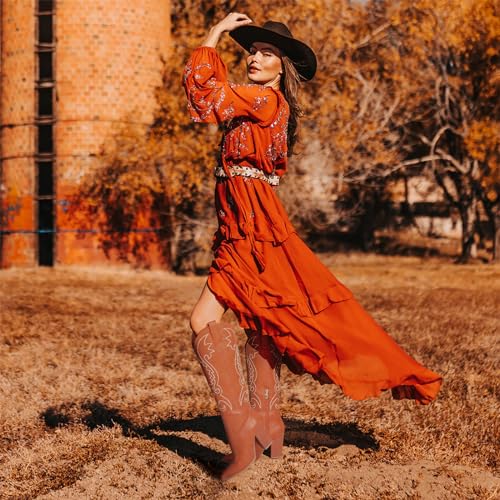 Image of VOMIRA Knee High Cowboy Boots for Women Pointed Toe Chunky High Heels Pull-on Embroidered Boots Western Boots Wide Calf Cowgirl Boots