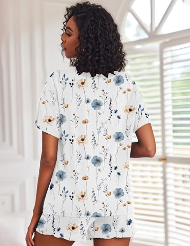 Image of Ekouaer Pajamas Set for Women Short Sleeve Lounge Set 2 Piece Loungewear PJs Soft Cute Lightweight Sleepwear