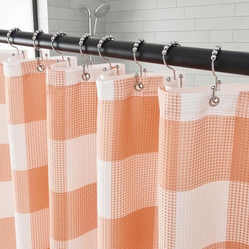 ORTIGIA 3 in 1 Waffle Shower Curtain and Liner Set 72x72 Modern Curtain with 12 Stainless Steel Double-Sided Hooks Peach and White Buffalo Plaid Waterproof Bath Curtain for Farmhouse Bathroom