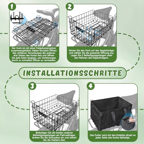 Fahrradkorb hinten abnehmbar, Gepäckträger-Korb faltbar, Fahrrad Korb Schulranzen hinten E-Bike groß, Bike-Basket mit Gepäcknetz, Regenschutz, Innenfutter & Reflektoren, Hundekorb Fahrrad, Schwarz