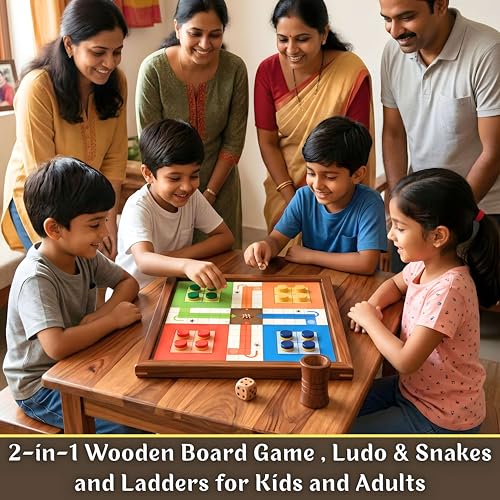 Image of Wooden Ludo Board Game with Snakes & Ladders - 2 in 1 Handmade Pure Rosewood Board Game | Classic Family Indoor Game for Kids & Adults | Travel Friendly Traditional Game with Dice & Pawns (10.5 Inch)