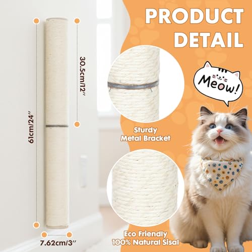 PowerKing Rascador Vertical Montado en Pared para Gatos, Poste de Sisal de 24 pulgadas para Interior, Mueble Ahorra Espacio con Cuerda de Yute Natural y Diseño Giratorio miniatura 2