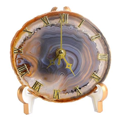 AMOYSTONE Agate Desk Clocks Office Decor Round Clock for Bedroom Table Clock Battery Operated Nature Brown 5" Cover