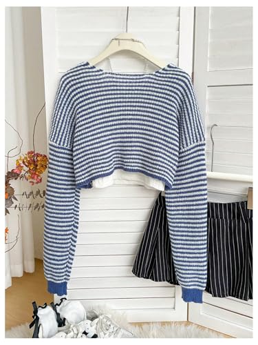 MakeMeChic Women's Striped Open Front Sweater Shrug Cardigan Long Sleeve Crop Outerwear Knitwear2